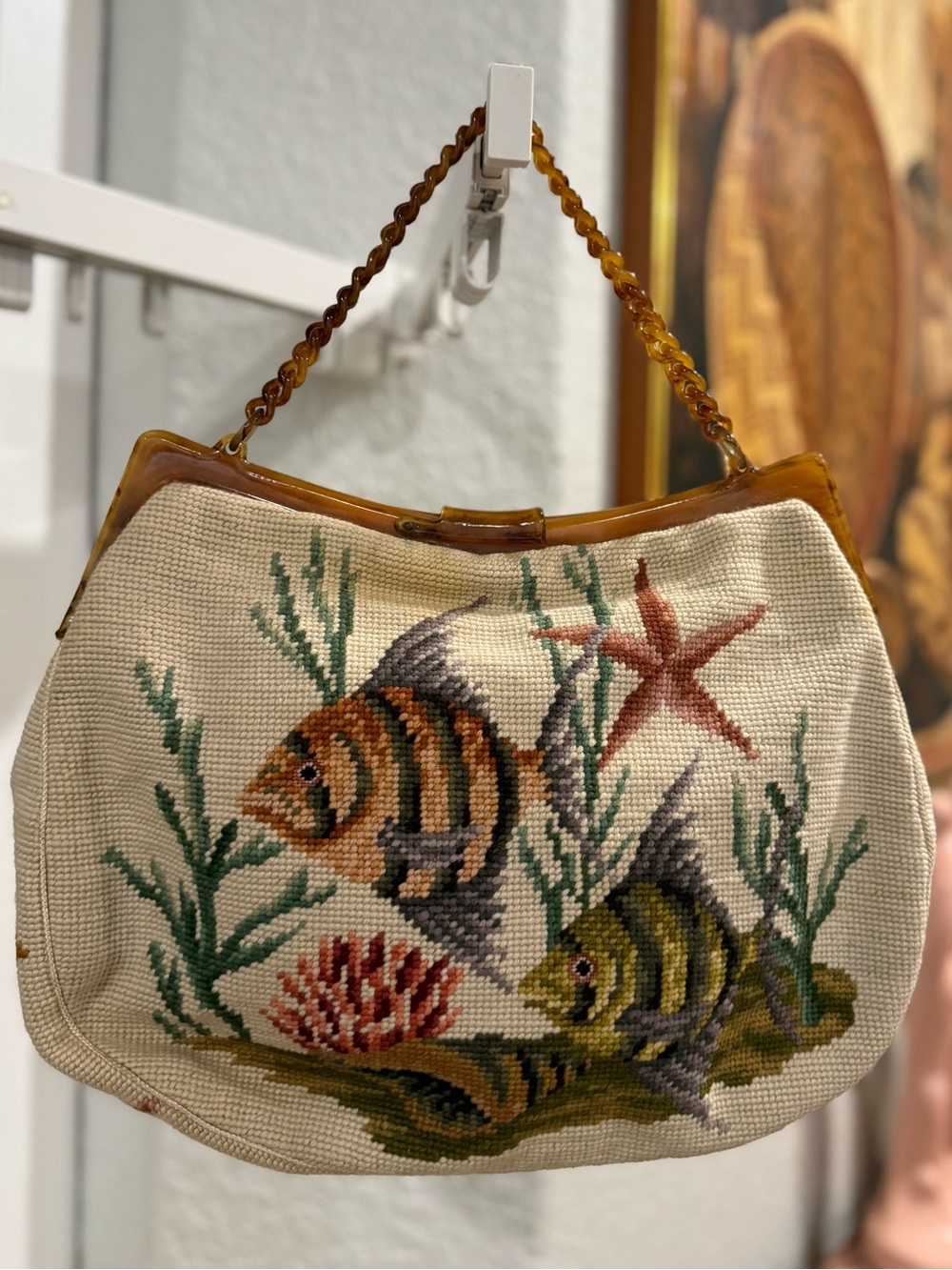 Vintage Embroidered Fish Motif Shoulder Bag Handle Bag - Beige - Picture 2 of 16